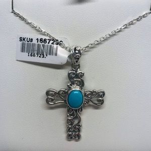 Silver, Scroll Cross Pendant With A Synthetic Oval Blue Turquoise & 18” Chain